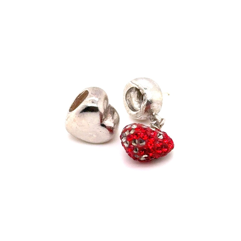 Sterling Silver 925 Red Rhinestone Heart Dangle and Puff Heart Charm Set 2pc